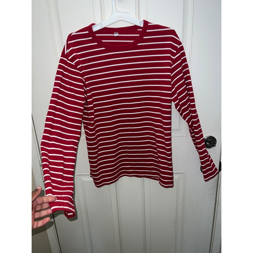 Uniqlo Mens Red White Striped Long Sleeve Crewneck Ribbed T-Shirt Size L
